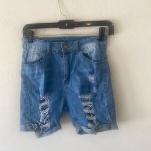 SHEIN blue medium wash denim jean short distressed ripped
